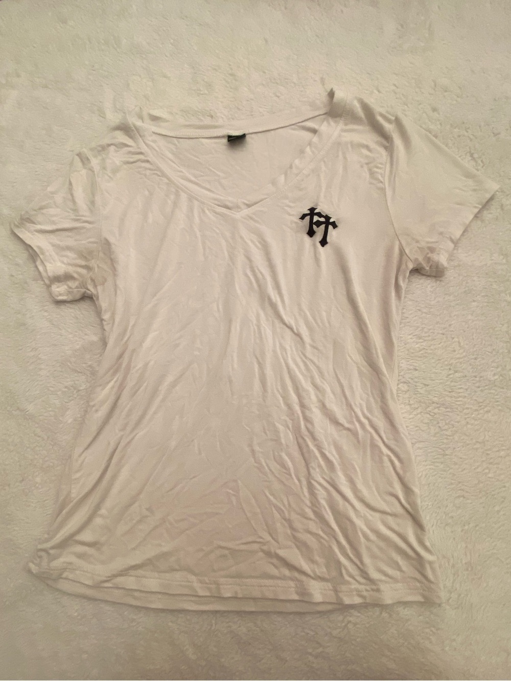 White V-Neck Short Sleeve Top with Small Chest Logo